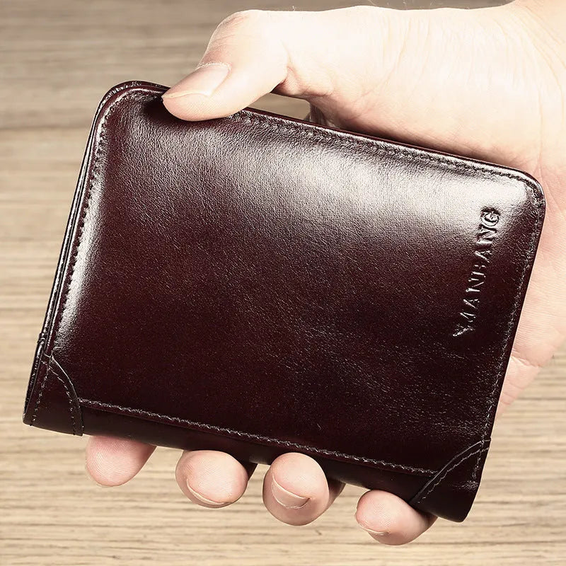 Men's leather wallet showing internal organisation compartments for cards, cash and coins