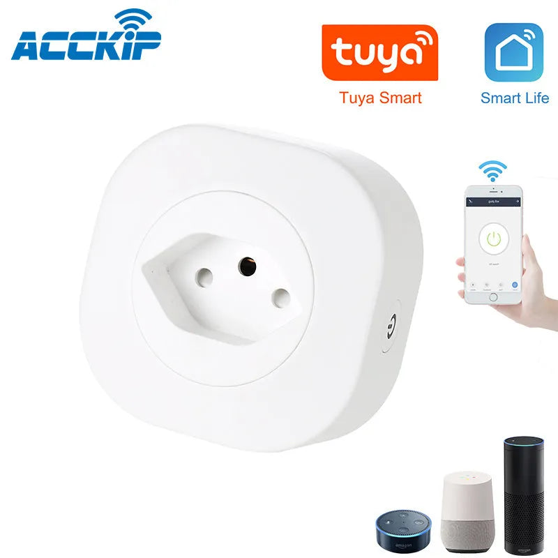 White 16A smart socket plug with WiFi voice control and flame retardant ABS+PC shell measuring 70x70x72mm