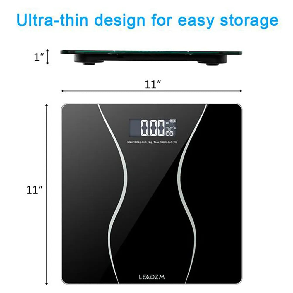 Black electronic digital bathroom scale on a tiled floor showing weight display.