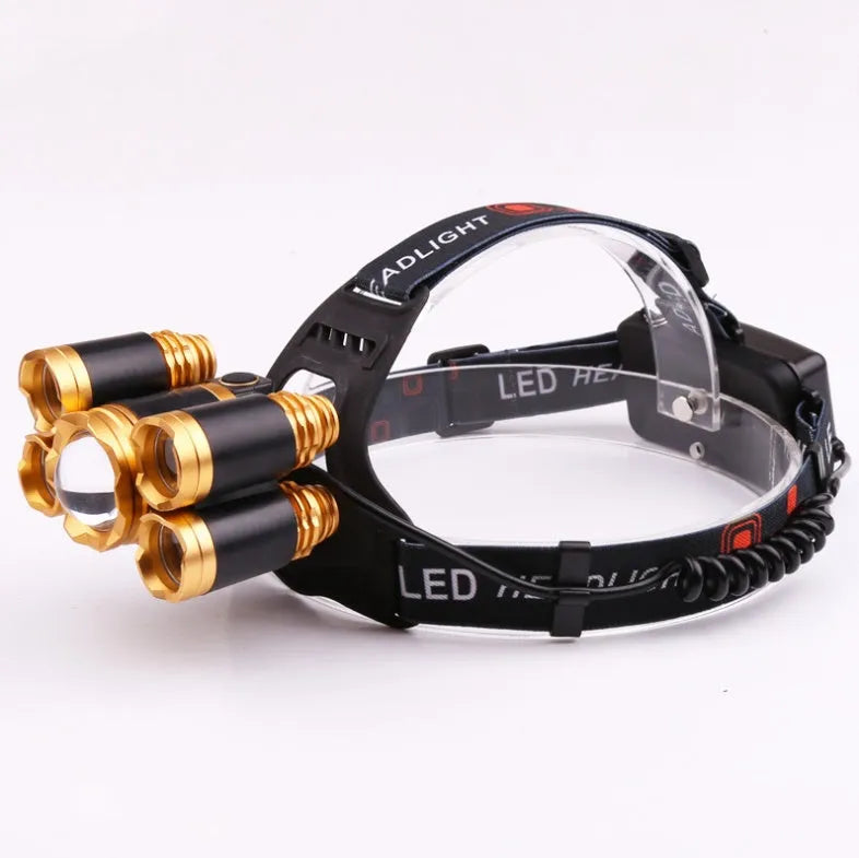 Aluminium alloy LED head torch with adjustable zoom focus and sensor switch option on headband.