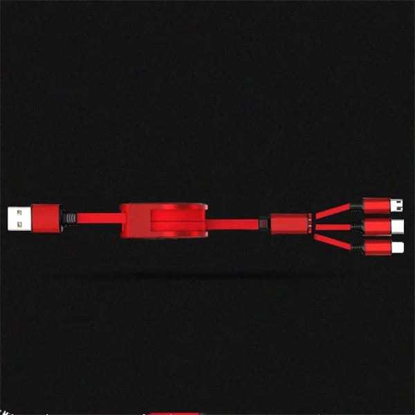 Telescopic 3-in-1 charging cable shown extended to 120 cm, with TPE wire and titanium alloy connectors.