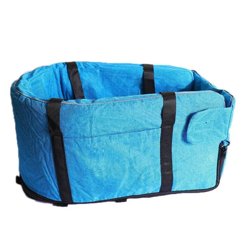 Outdoor cloth dog kennel shown in grey mesh, suitable for car and garden use across all four seasons.