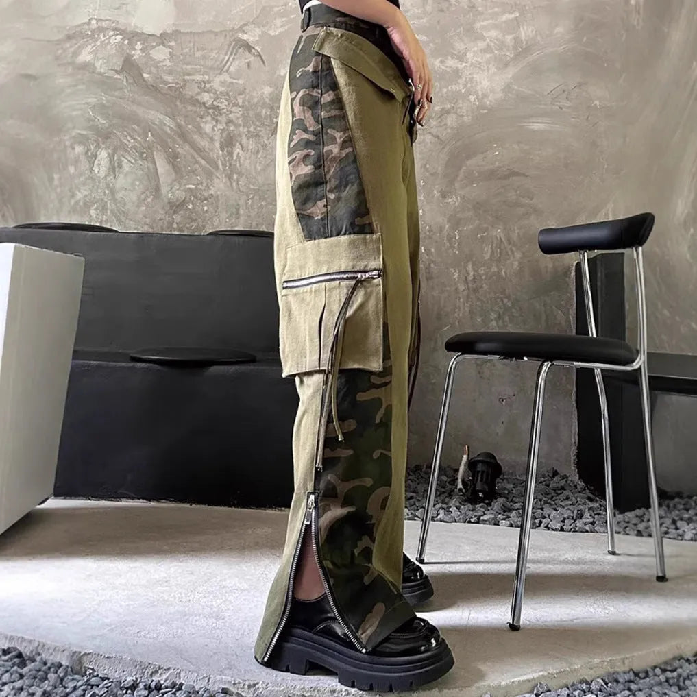 Women's dark khaki leopard print high waist straight leg jeans with tooling style collage stitching