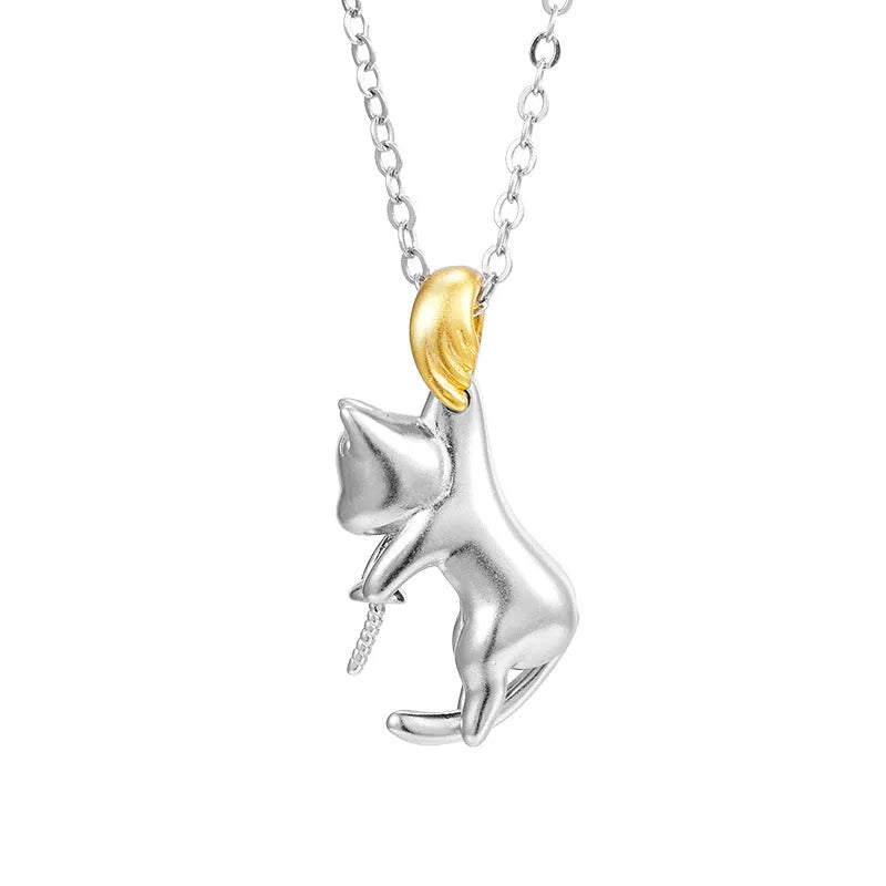 Sterling silver cat charm clavicle necklace with pearl bead options