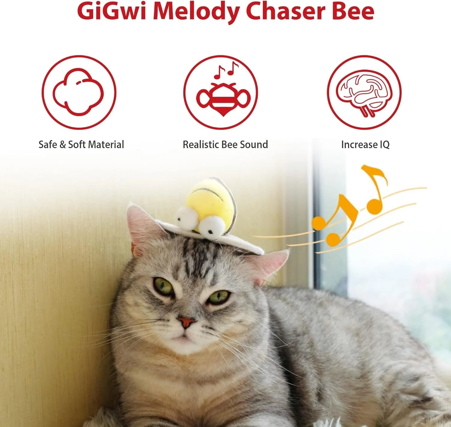 Yellow bee-shaped interactive cat toy with motion-activated squeaking function