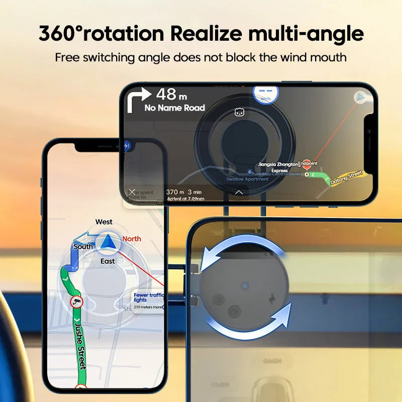 Telescopic folding car phone holder with magnetic suction dashboard mount in black or silver finish