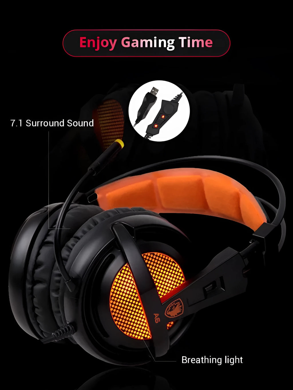 Black and white USB gaming headset with LED lights on ear cups and a padded headband.