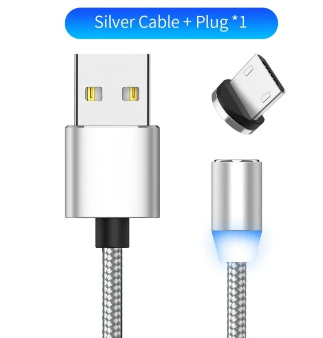 YBD black magnetic LED charging cable with cotton weave, aluminium shell, and LED light shown next to a smartphone.