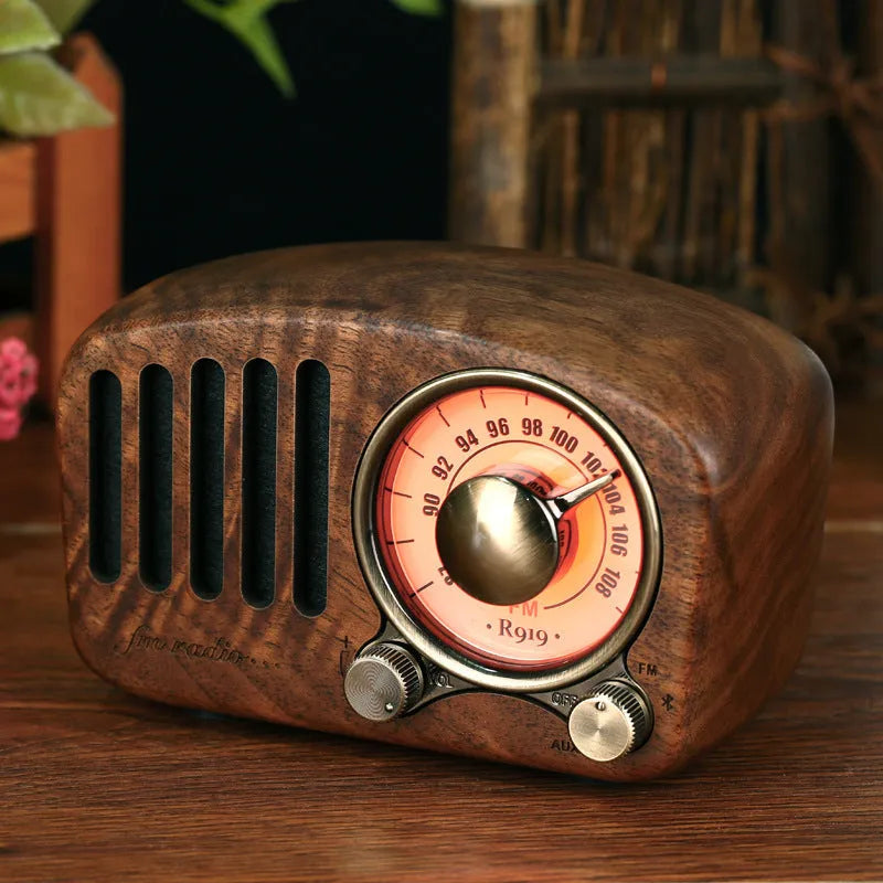 Retro wooden Bluetooth speaker in natural wood finish with compact dimensions