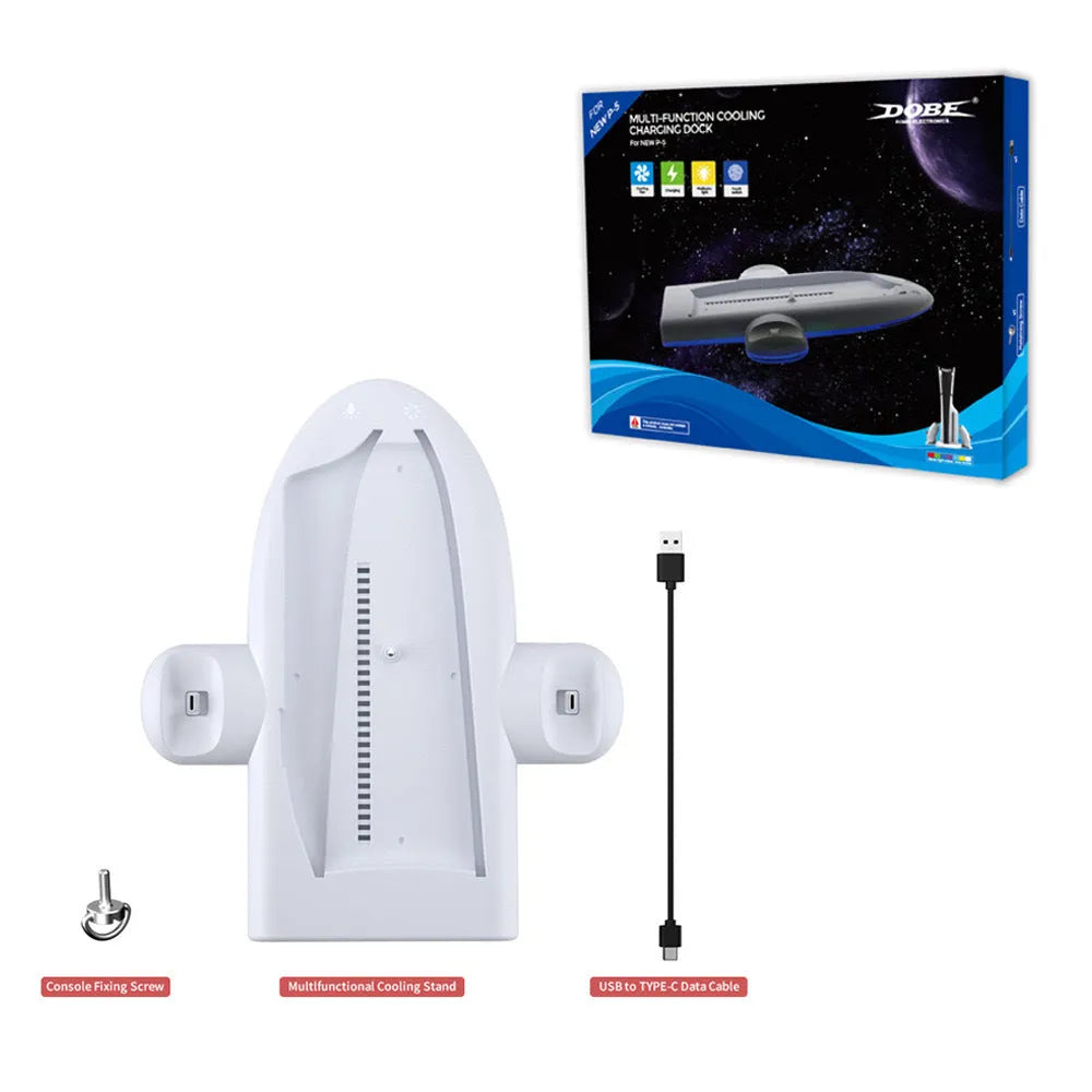 White PS5 Slim multi-function cooler pad fan base with RGB light and USB charging interface