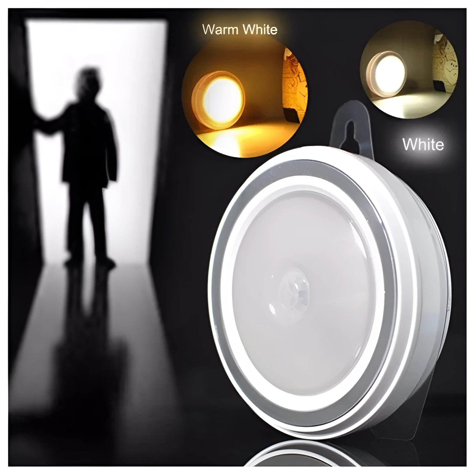 Round white motion sensor LED light unit with 80mm diameter, for cupboard or wall mounting.