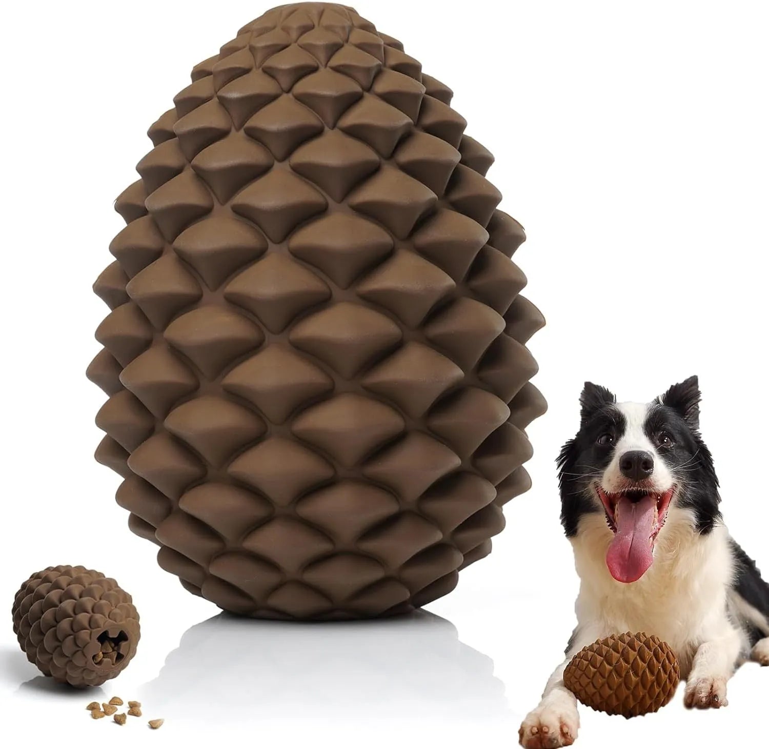 Yellow pine cone shaped natural rubber dog chew toy with treat dispenser for medium large dogs