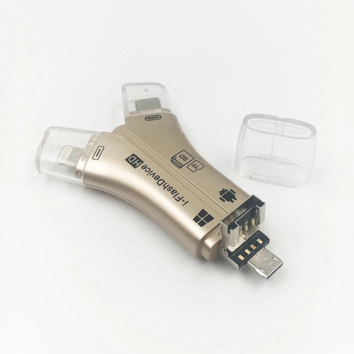 White NK908 4-in-1 mobile card reader with Lightning, USB, Type-C, and MicroUSB ports next to an SD card.
