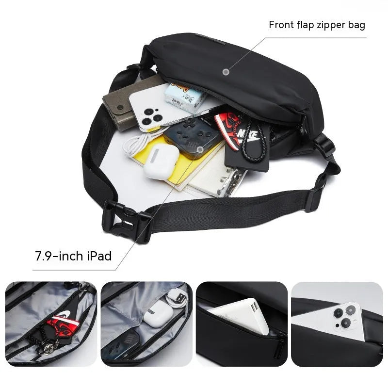 Black Oxford cloth messenger bag with one-shoulder riding design and street-style details