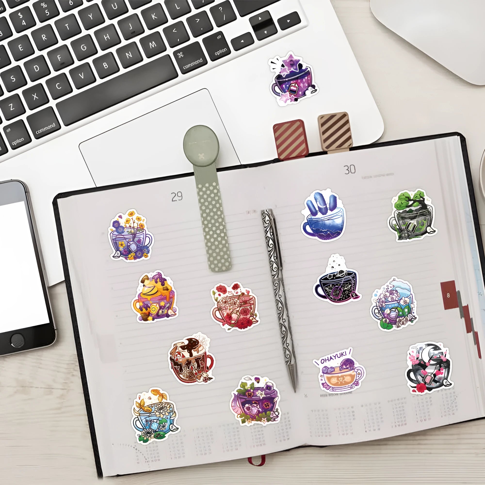 Pack of 50 colourful tea cup graffiti waterproof stickers in a Nordic style for luggage and scooter customisation.