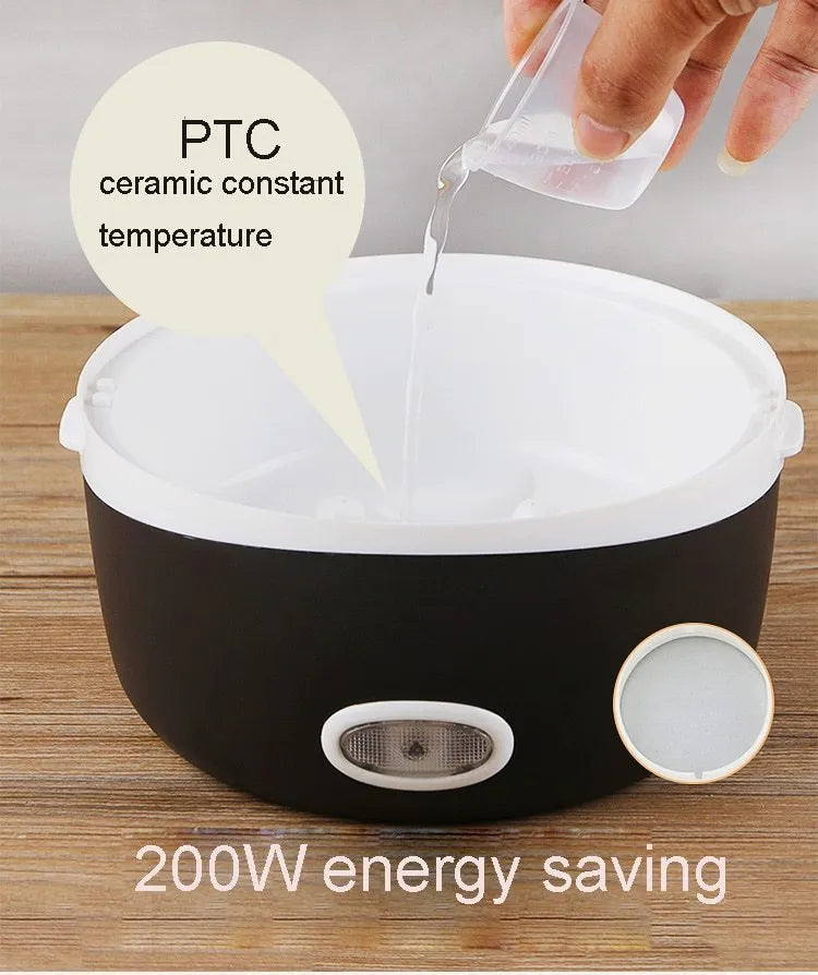 USB-powered electric food warmer lunch box with 190mm cube dimensions and dual capacity options