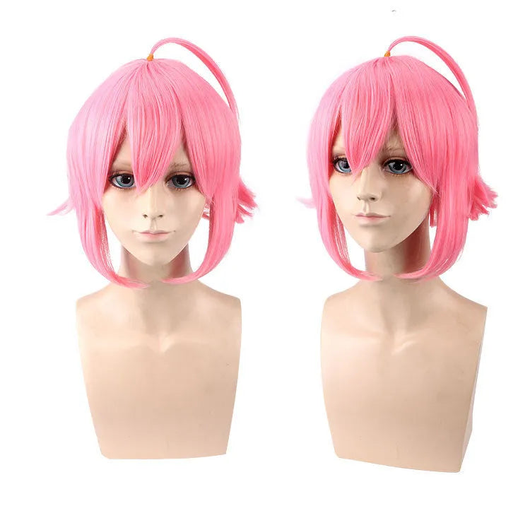 Pink upturned cosplay wig with artificial scalp and rose net lining, 35cm length