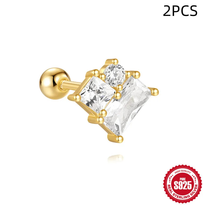 S925 sterling silver square gravel stud earrings with red flower design in golden electroplated finish