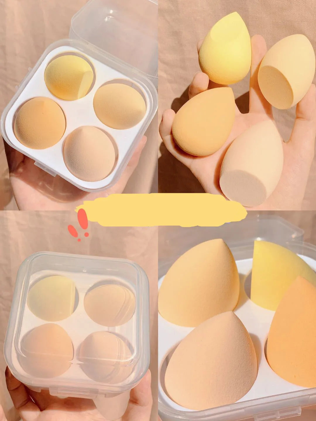 Cube-shaped plastic makeup sponge storage case containing four coloured synthetic beauty egg sponges.