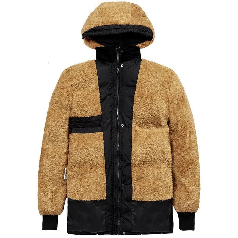 Men's black velvet padded jacket with hood and double-breasted buttons, showing loose fit.