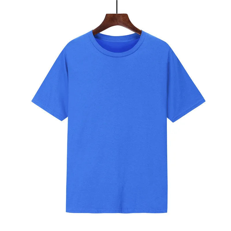 Men's loose fit black cotton t-shirt with short sleeves on a hanger.