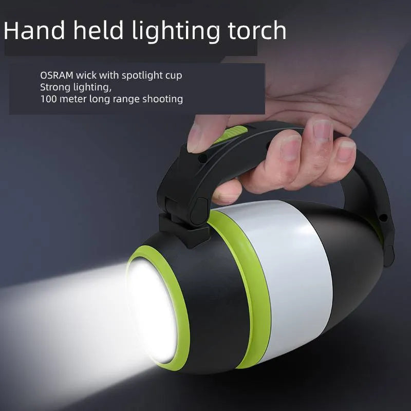 Black green multifunctional LED lamp in folded position showing USB charging port and adjustable head