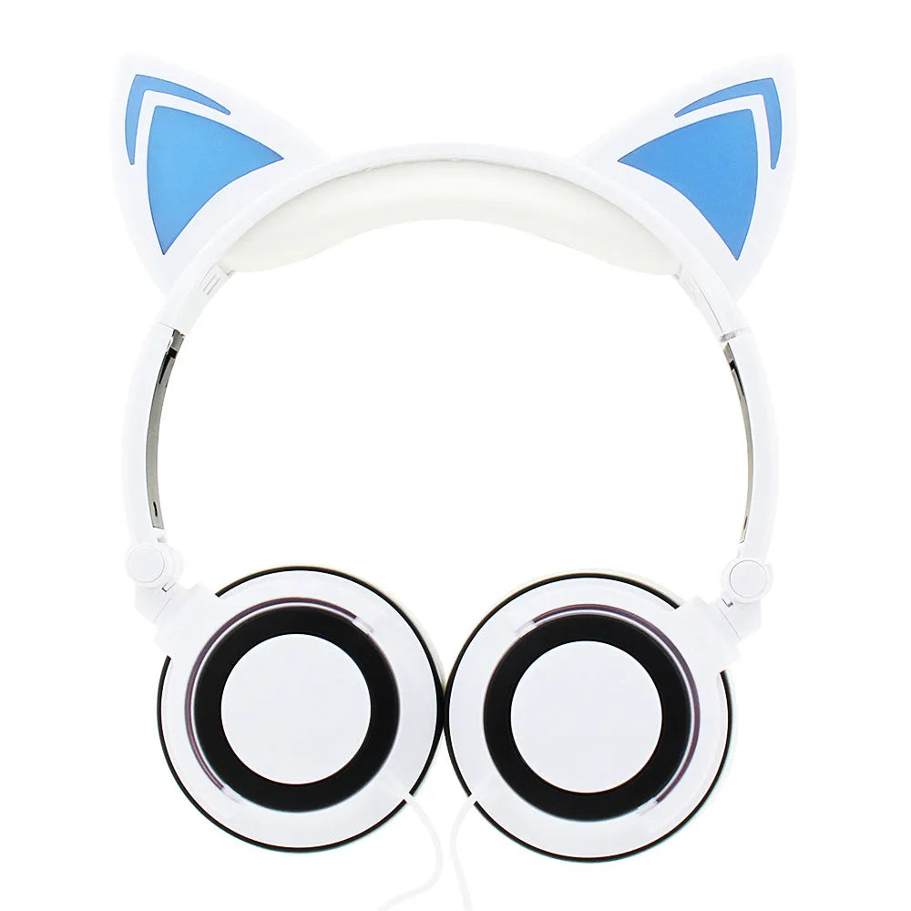 Colourful cat ear headphones with illuminated LED lights on the ears and ear cushions