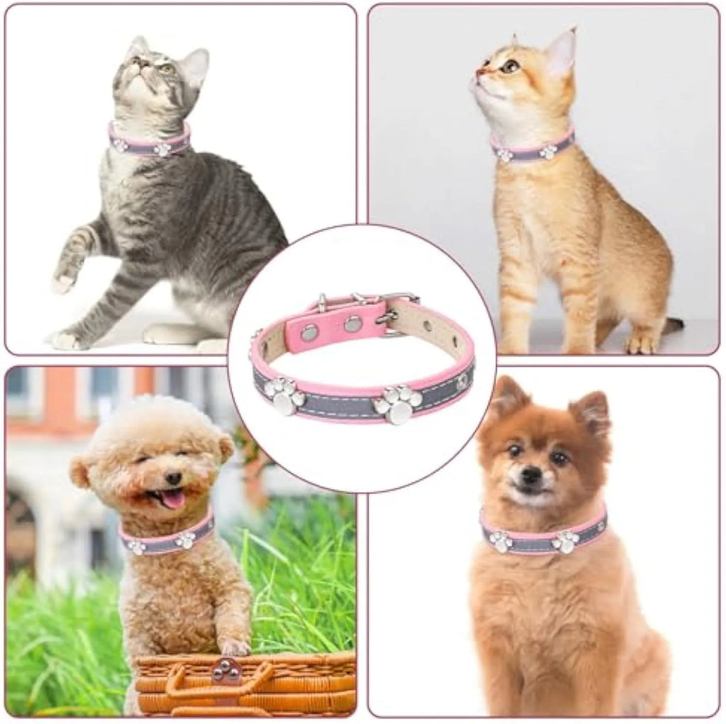 Reflective soft PU leather dog collar with metal paw-shaped rivets and adjustable buckle on a size chart.