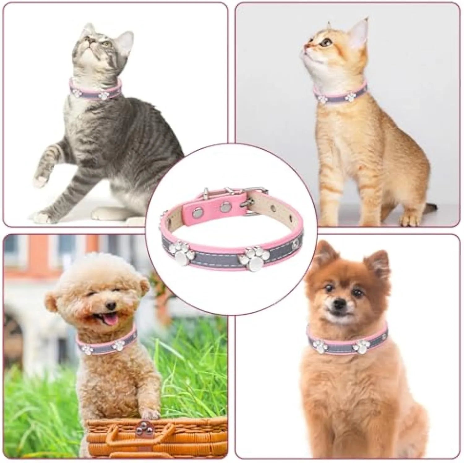 Reflective soft PU leather dog collar with metal paw-shaped rivets and adjustable buckle on a size chart.