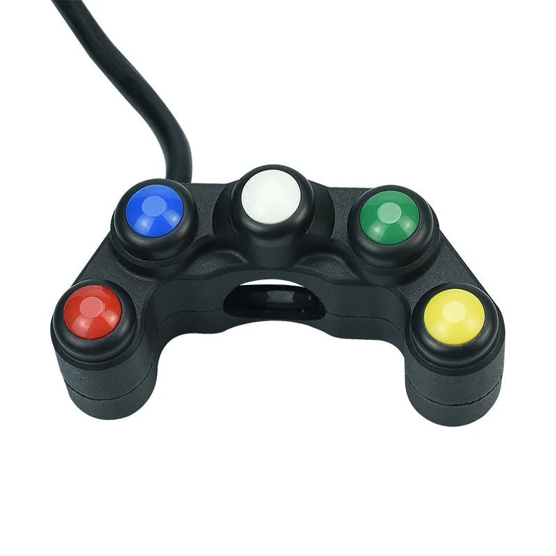 Plastic five-position switch with red, yellow, blue, green, and white buttons for motorcycle electrical modifications.