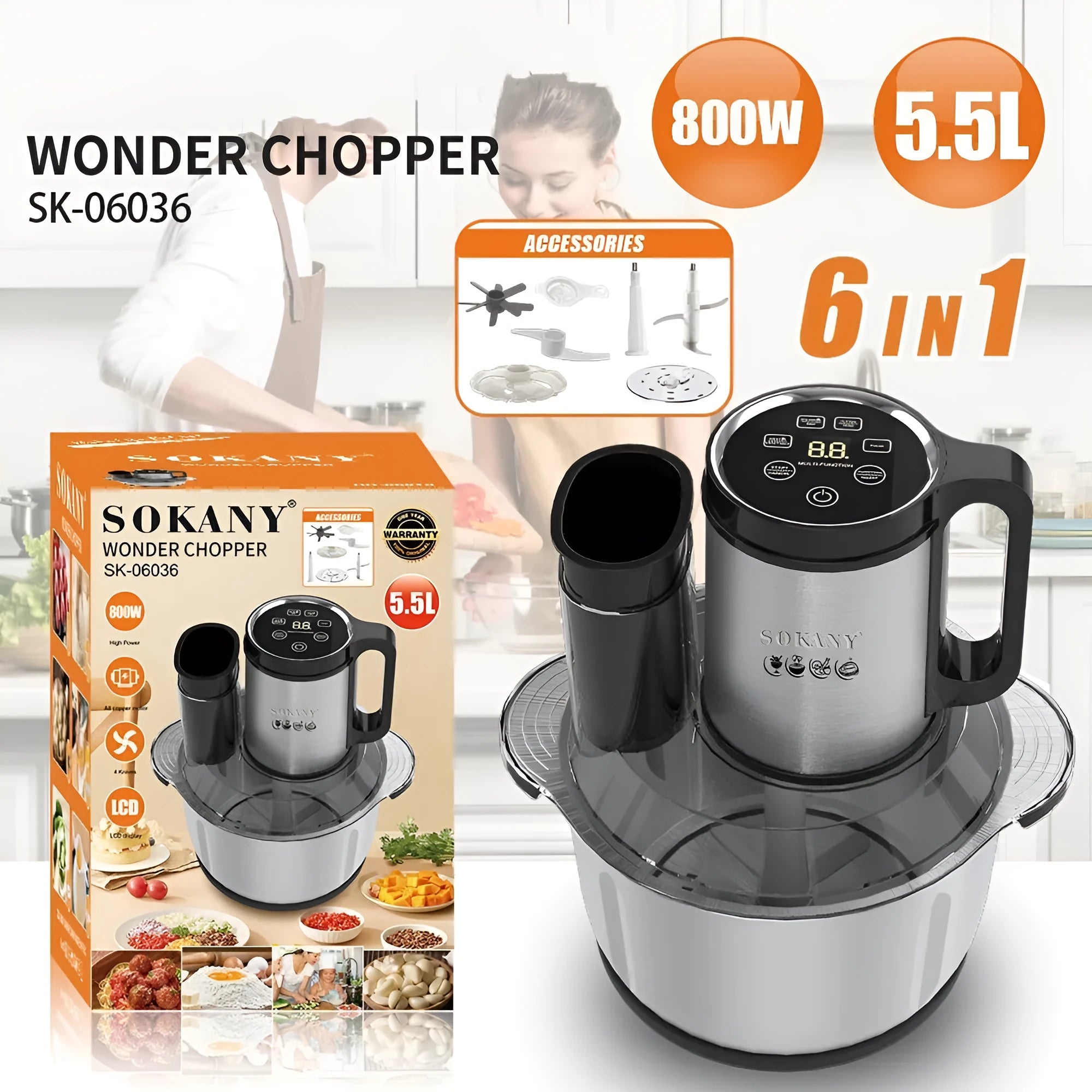 Stainless steel meat grinder machine for making baby food and sausages on a kitchen counter.