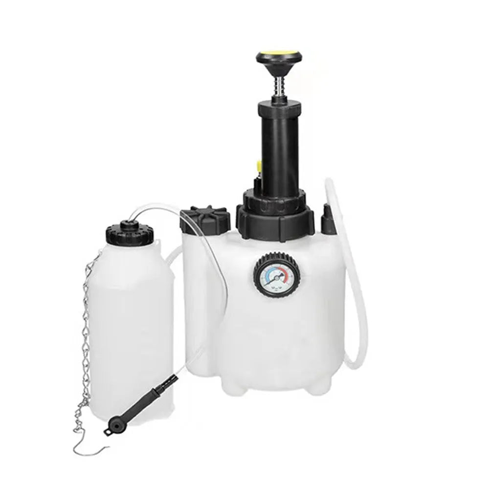 White plastic 3-litre brake fluid tank tool with copper and iron fittings for automotive service.