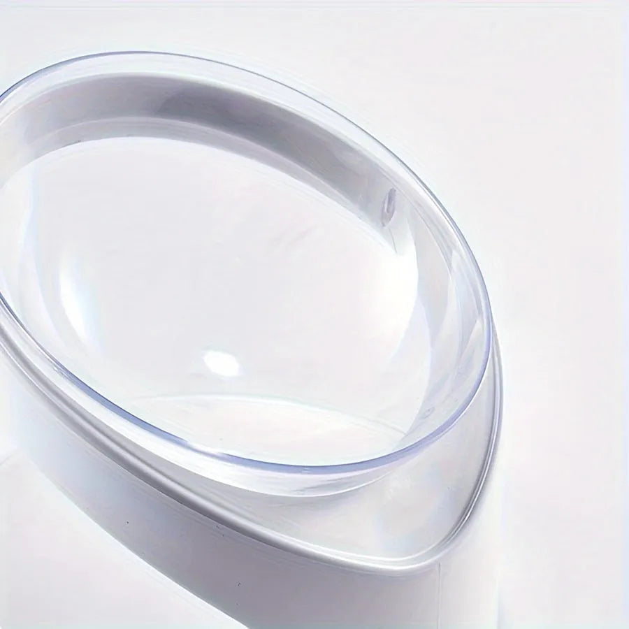 White elevated clear plastic cat food bowl with tilt design for dry and wet food
