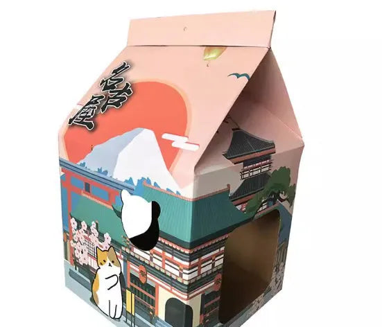 Foldable corrugated paper cat scratching board with integrated nest in Nagoya pattern design.