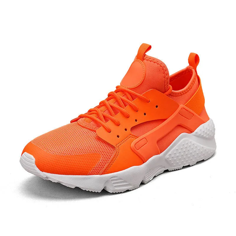 Men's low top casual shoes with cross shoulder straps in fluorescent red, green, or yellow.