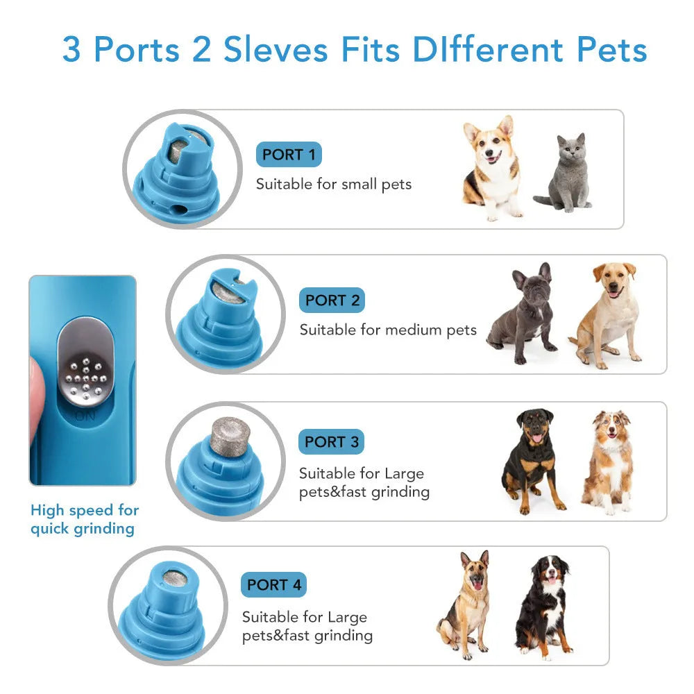 Blue electric pet nail grinder with diamond head on white background, 15.3 cm long