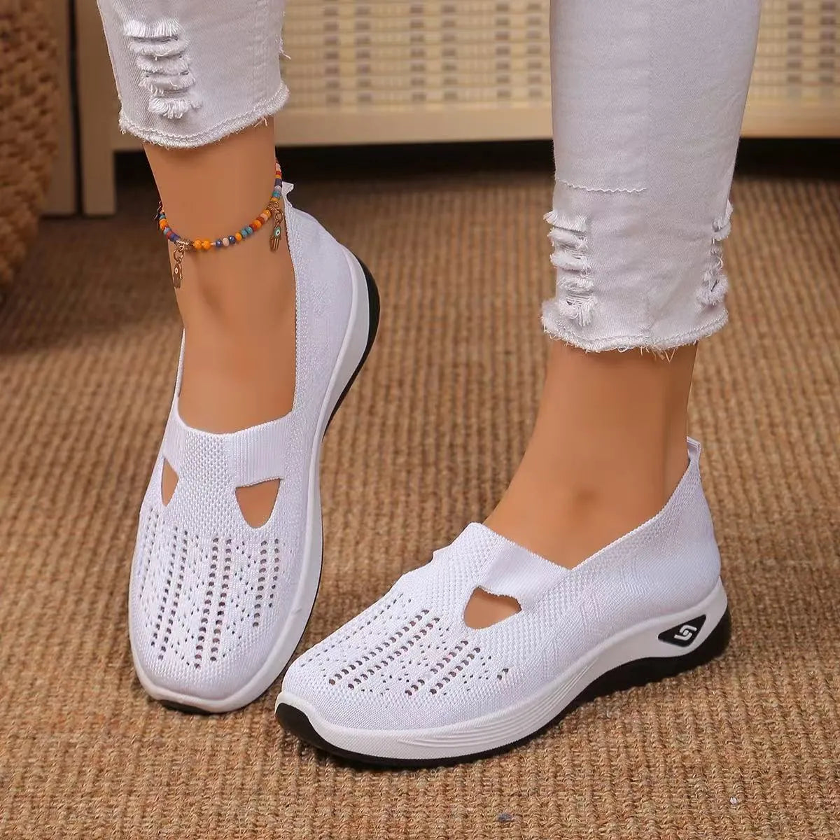 Casual mesh T-strap flat shoes with soft PVC sole in multiple colours on a white background.