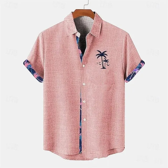 Linen short sleeve shirt with ocean fish pattern on lapel, loose casual fit for teenagers