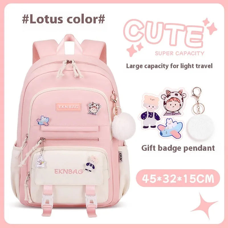 Girls waterproof Oxford cloth school backpack with curved straps and spine protection in solid colours for grade 5-6 students