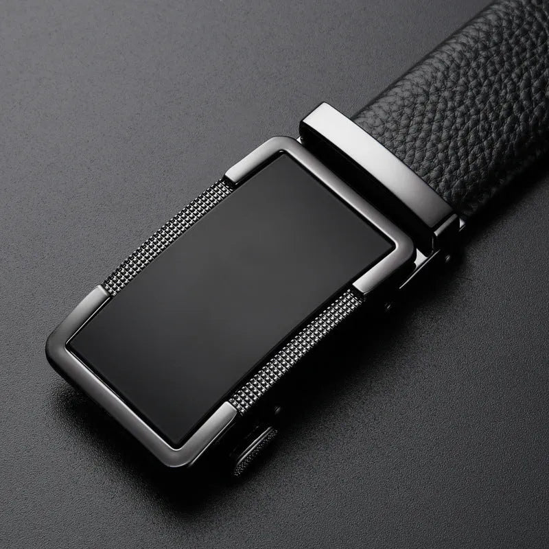 Men's leather automatic buckle belt in gold finish, showing the alloy Comfort Click fastener.