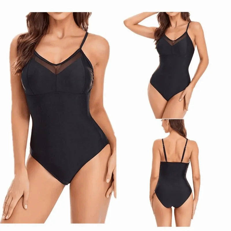 Black backless one-piece swimsuit with mesh panels for women, shown on a mannequin.