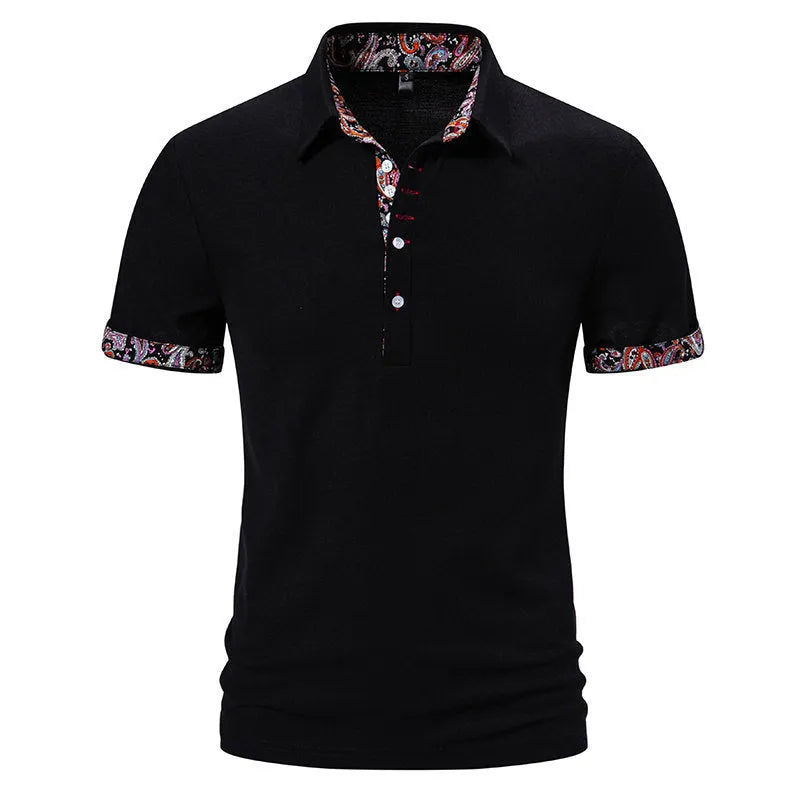 Men's navy blue cotton blend polo shirt with a turnover neck and short sleeves on a hanger.