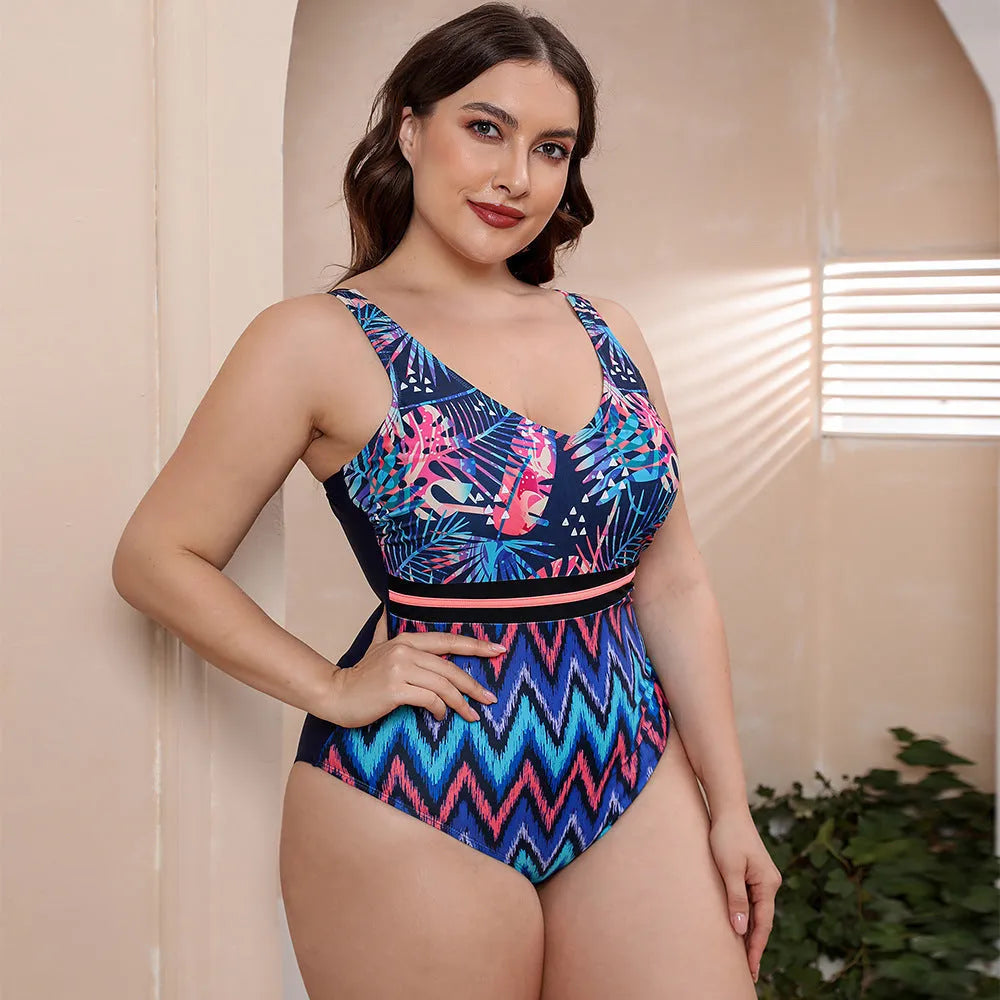 Women's blue striped vest print one-piece swimsuit with spaghetti straps on a mannequin
