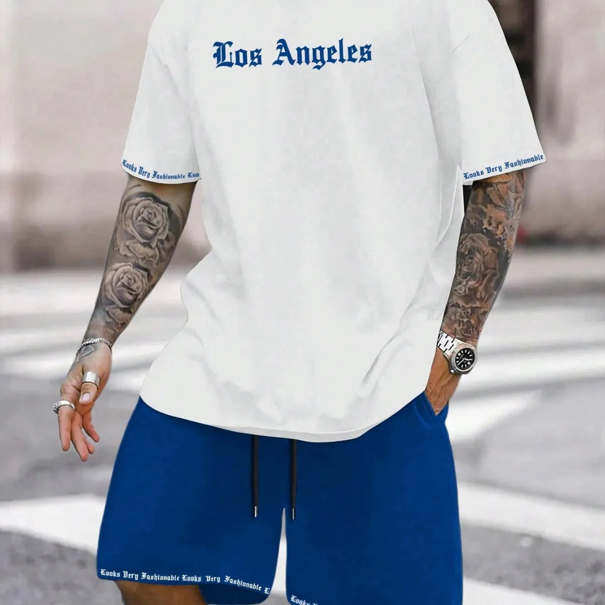 Men's blue short sleeve shirt and matching shorts casual sports outfit