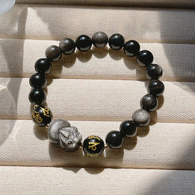 Men's silver stone bracelet with engraved Chinese zodiac symbols and proverbs on beads with adjustable closure