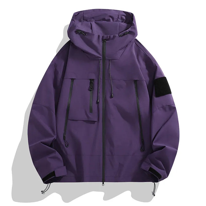 Men's casual hooded outdoor mountaineering shell jacket in polyester blend, long sleeves, multiple colours