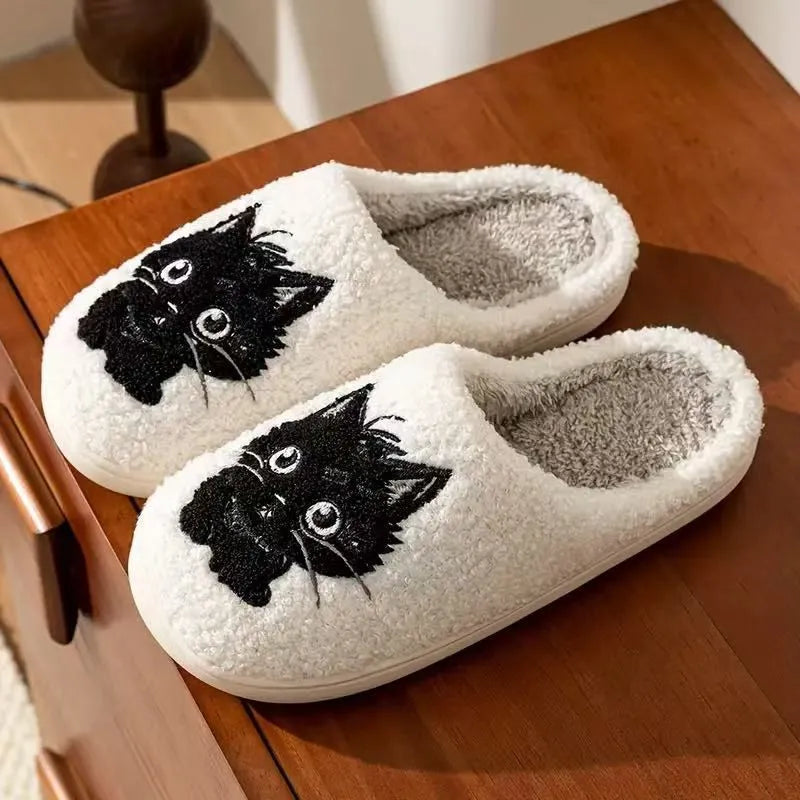 White plush cotton slippers with black beard cartoon cat couple design and non-slip TPR soles