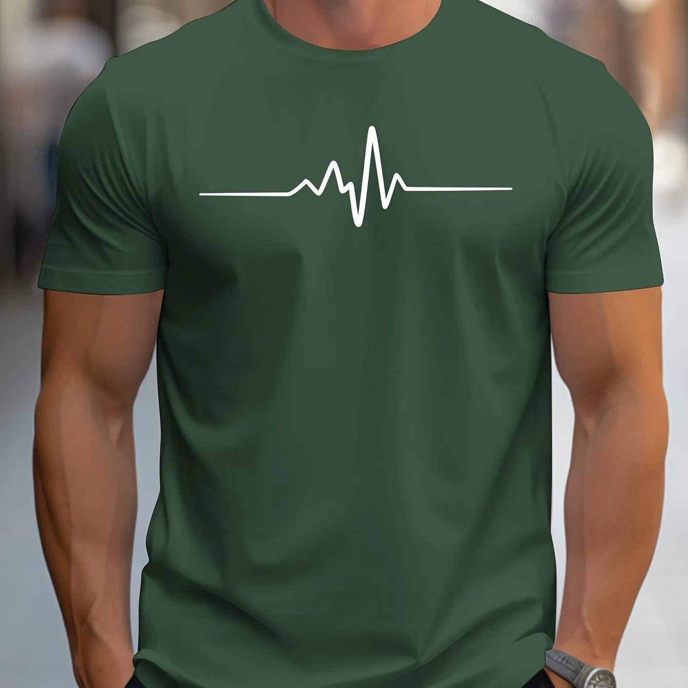 Men's loose-fit grey t-shirt with a raised 3D letter pattern on the front, short sleeves.