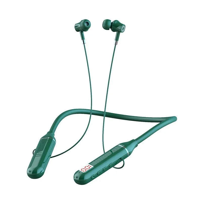 Neck-hanging wireless Bluetooth sports headphones showing power display card function and available in black, red, purple or green colours
