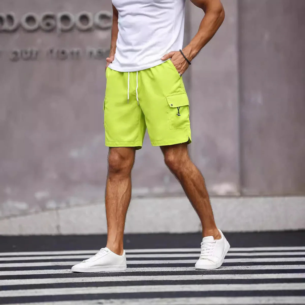Men's loose straight-leg workwear shorts in fluorescent green or army green colours